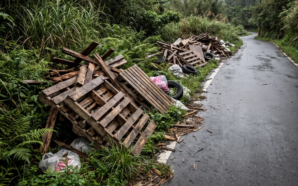 廢棧板與木料被非法棄置在山區產業道路旁